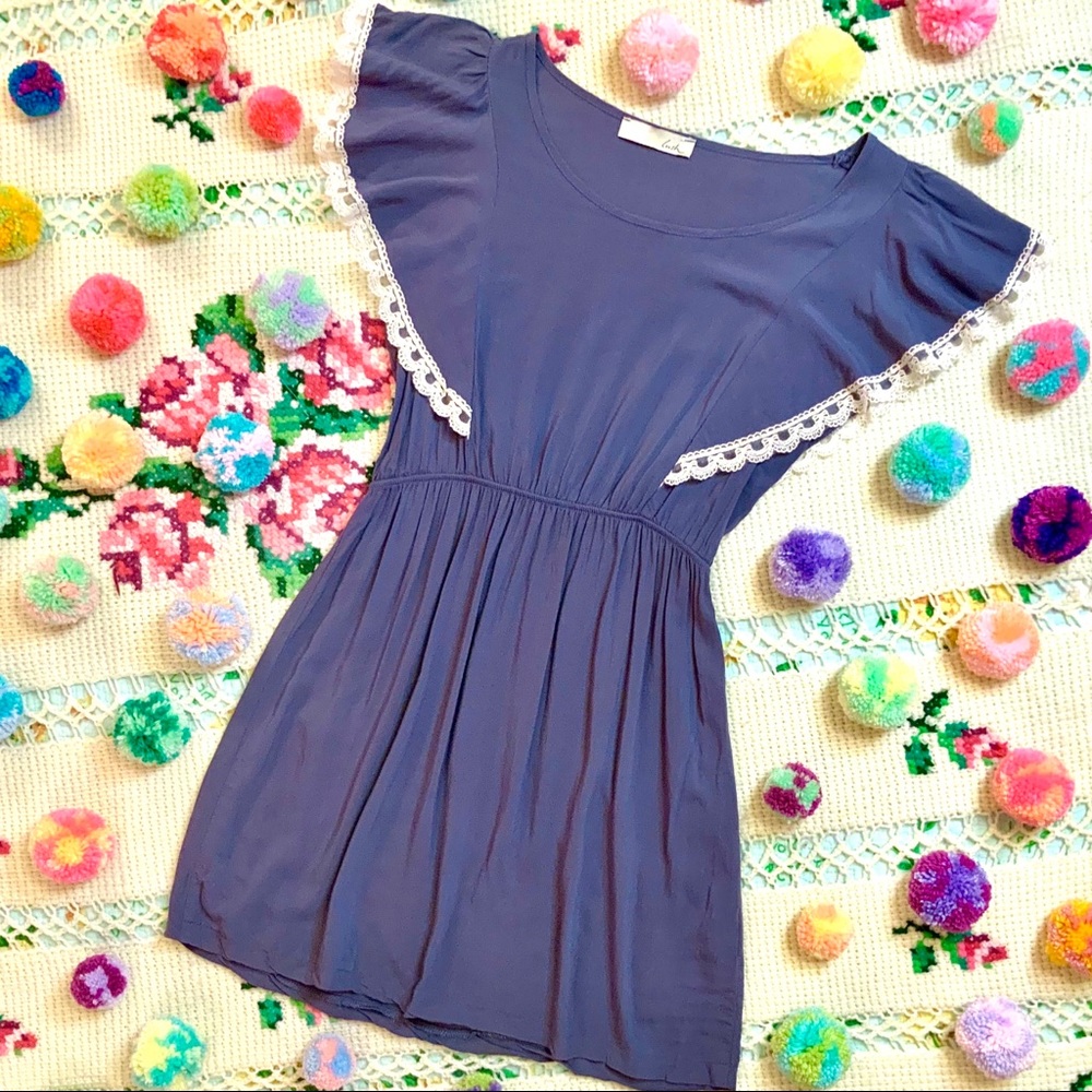Lush Blue Ruffle Dress Cream Bow Lace Soft Large